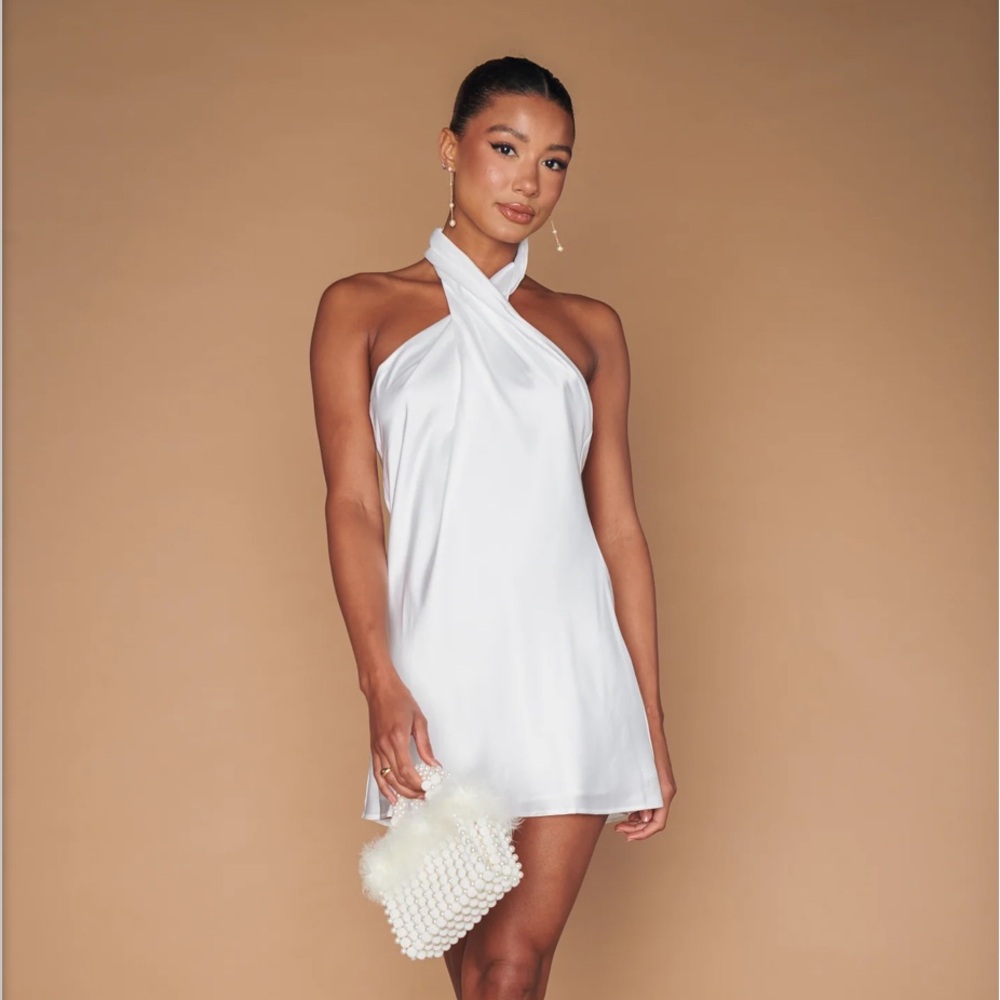 SHOW ME YOUR MUMU White Satin Jasmine Halter Mini Dress - Large
